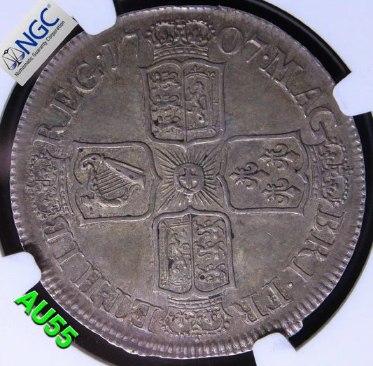 1/2 Crown 1707 -E (Edinburgh Mint, Scotland). Anne. S.3605. NGC AU55