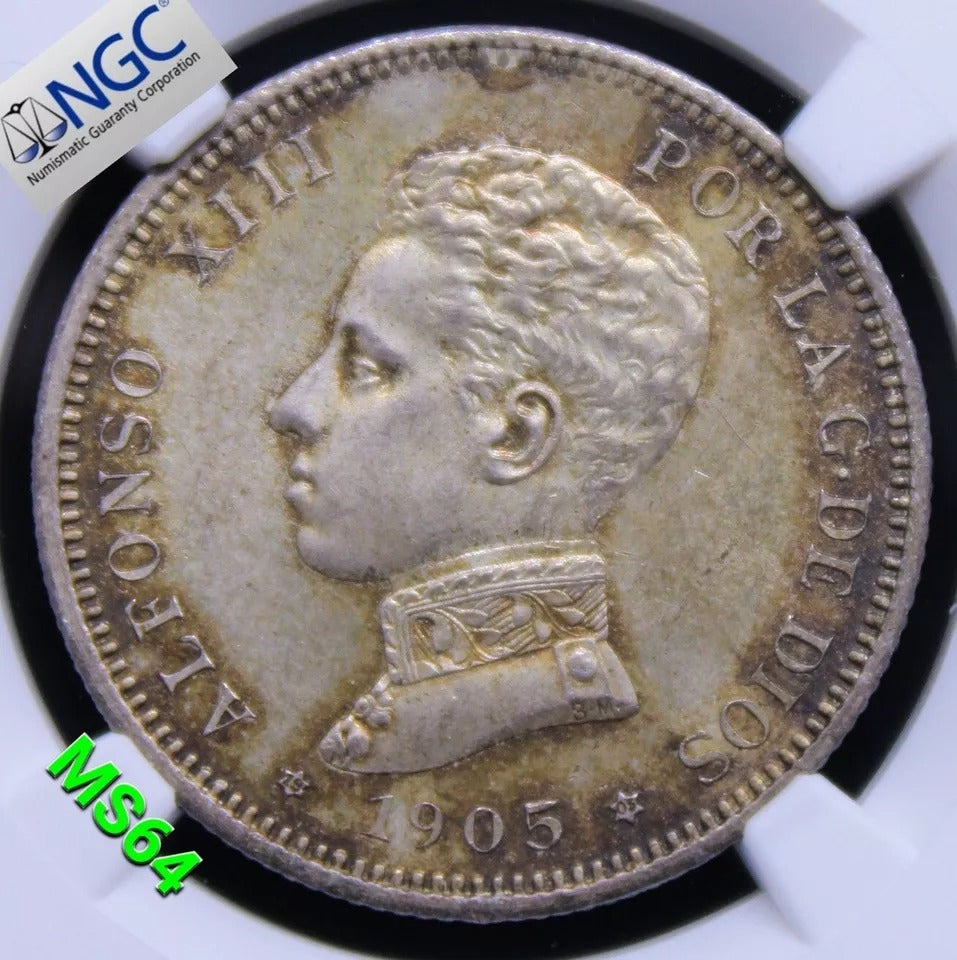 2 Peseta 1905 (05) Spain, Alfonso XIII, KM-725 NGC MS64 UNC