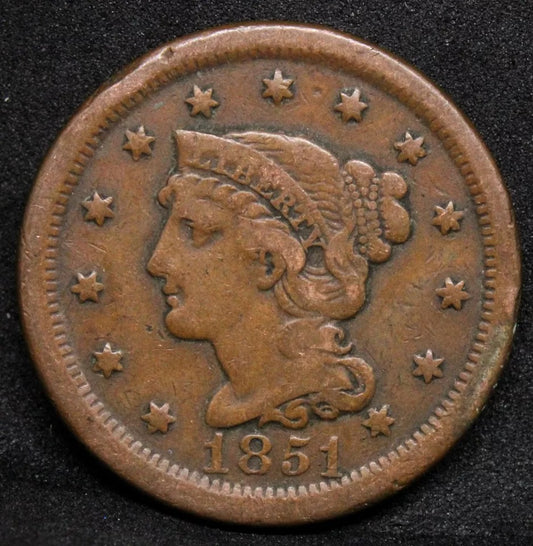 1 Cent 1851 USA Braided Hair Cent. United States 1C VF