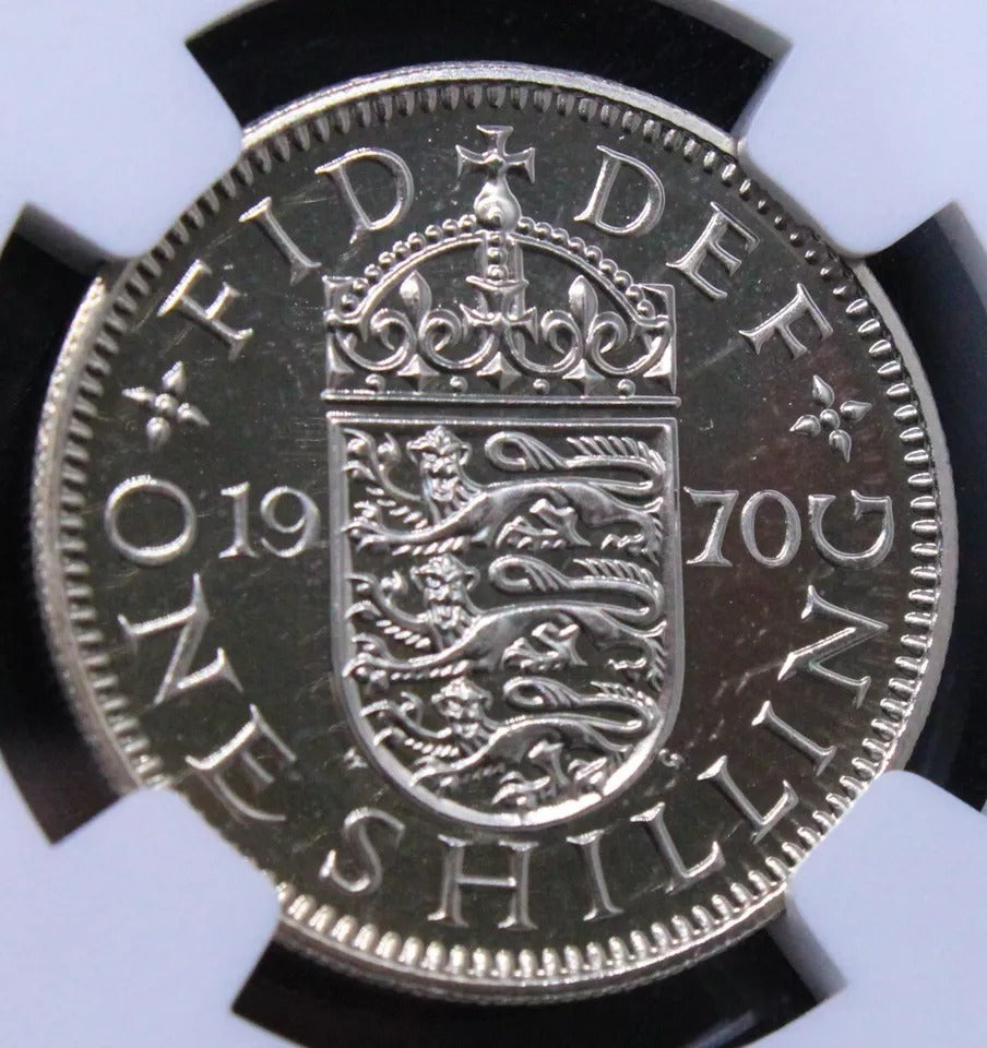 Shilling 1970 Proof English Crest. Elizabeth II. NGC PF70, perfect grade.