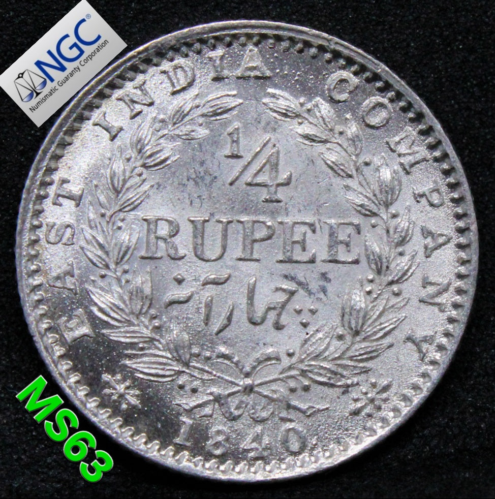 1840.(C) British- INDIA 1/4 RUPEE, Queen Victoria  .NGC MS 63