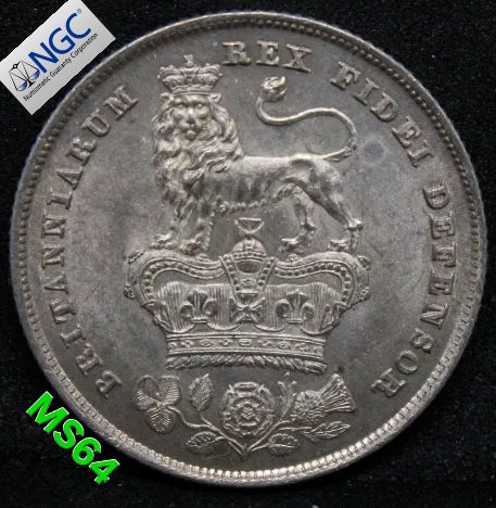 1825 G.BRITAIN 1 SHILLING BARE BUST, George IV .NGC MS 64