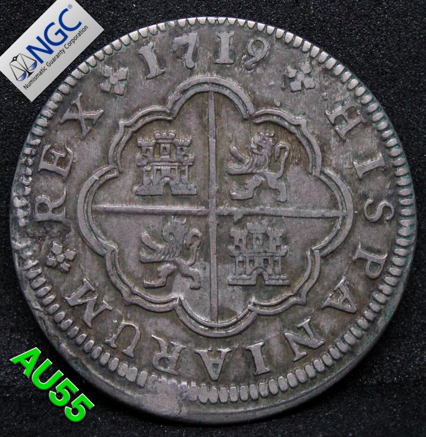 1719 F SPAIN 2 REAL SEGOVIA .NGC AU 55, TOP POP