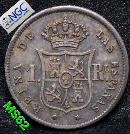 1860 SPAIN REAL SEVILLE .NGC MS 62, TOP POP