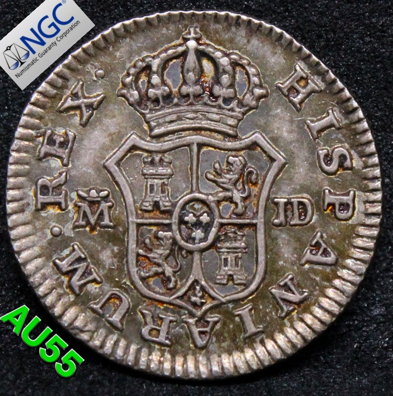 1782M JD SPAIN 1/2 REAL .NGC AU 55,TOP POP