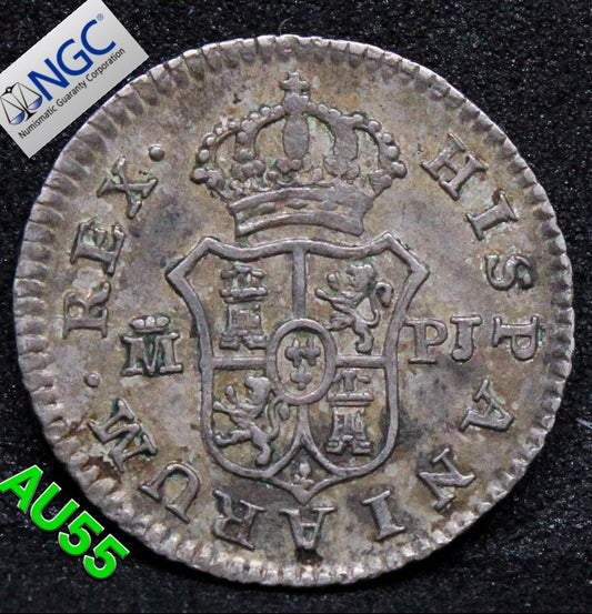 1780M PJ SPAIN 1/2 REAL .NGC AU 55, TOP POP