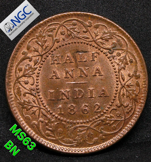 1862 (M) INDIA 1/2 ANNA .NGC MS 63 BN SOLD..