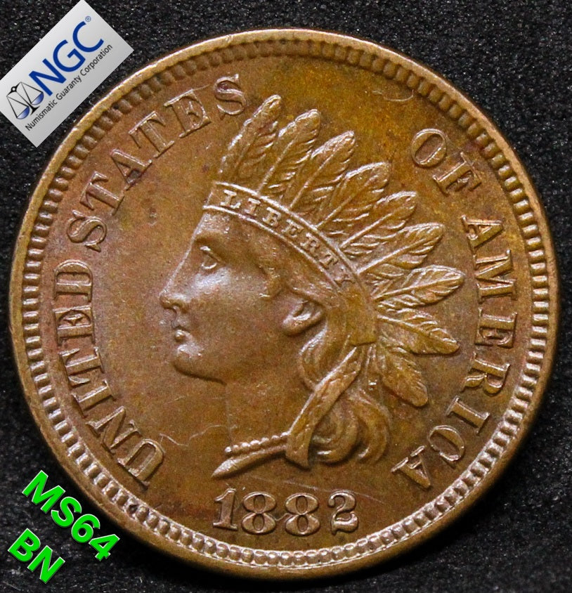 1882 1 CENT USA, INDIAN TYPE .NGC MS 64 BN