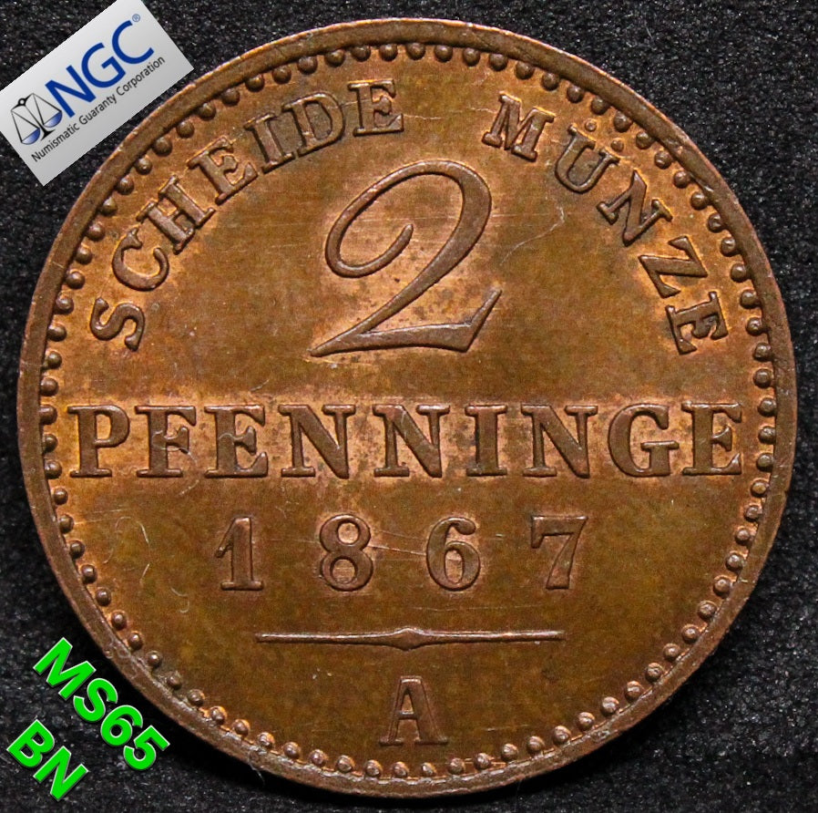 1867A GERMANY 2 PFENNIG PRUSSIA .NGC MS 65 BN