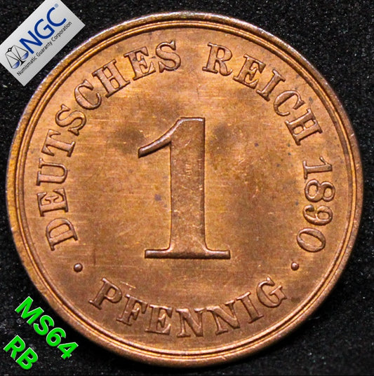 1890A GERMANY 1 PFENNIG .NGC MS 64 RB TOP POP #1