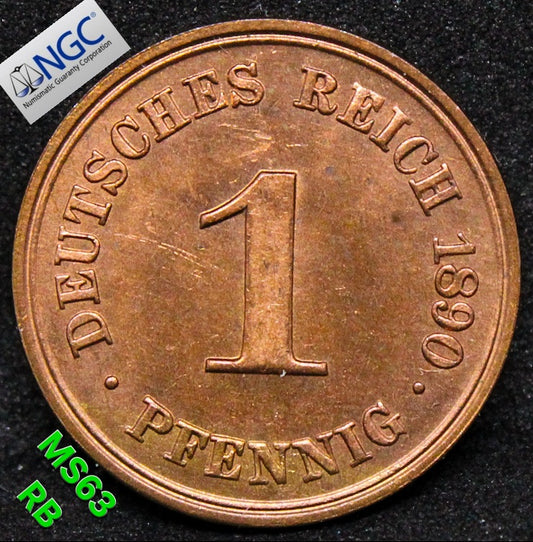 1890A GERMANY 1 PFENNIG .NGC MS 63 RB