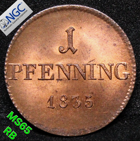 1835 GERMANY 1 PFENNIG BAVARIA .NGC MS 65 RB TOP POP