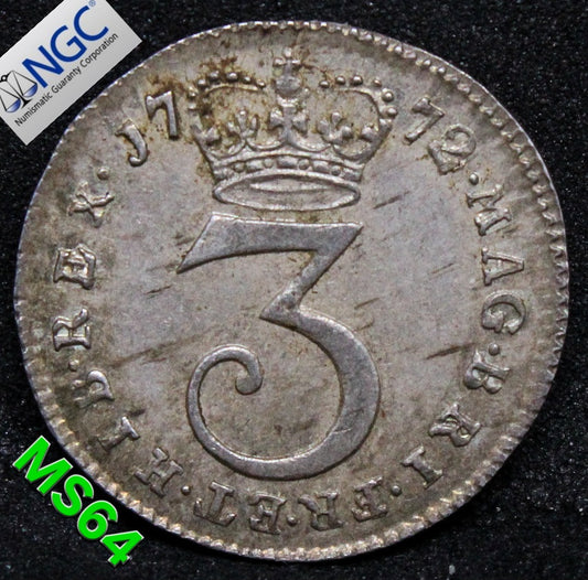 1772 G.BRITAIN 3 PENNY MAUNDY .NGC MS 64 George III