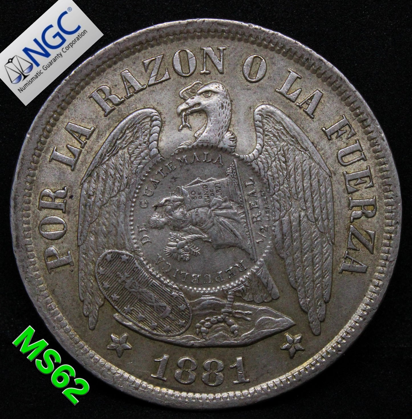 1894 GUATEMALA PESO 1/2 REAL C/S ON CHILE PESO. COUNTERMARK/COUNTERSTRIKE .NGC MS 62