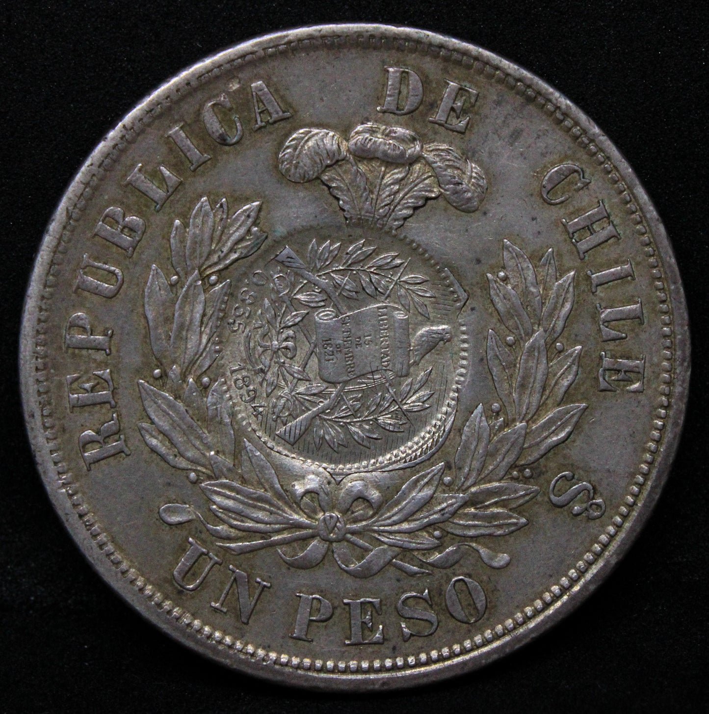 1894 GUATEMALA PESO 1/2 REAL C/S ON CHILE PESO. COUNTERMARK/COUNTERSTRIKE .NGC MS 62