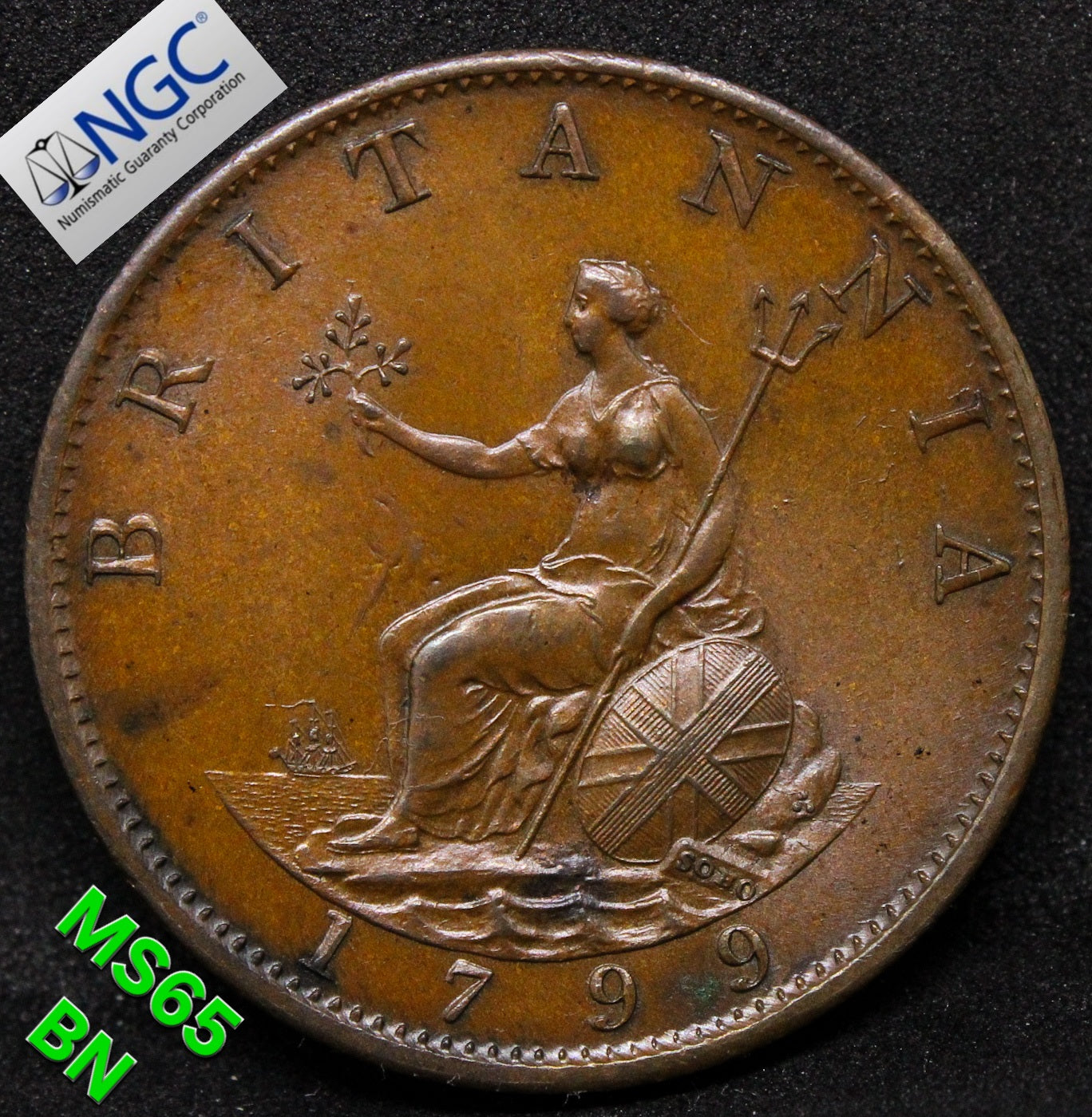 1799 SOHO G.BRITAIN 1/2 PENNY, 5 INCUSE GUN PORTS .NGC MS 65 BN