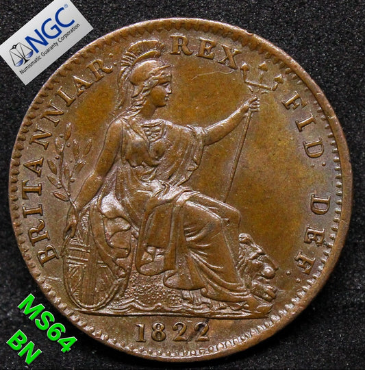 1822 G.BRITAIN FARTHING .NGC MS 64 BN