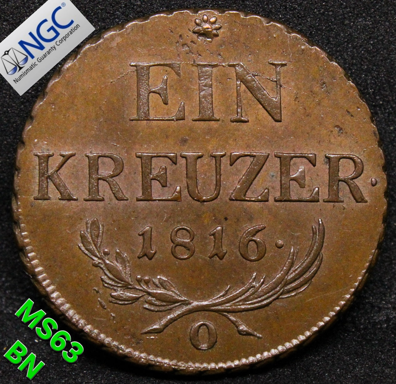 1816O AUSTRIA 1 KREUZER .NGC MS 63 BN