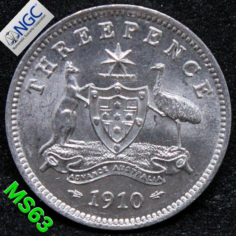 1910 AUSTRALIA 3 PENCE .NGC MS 63 Edward Vii