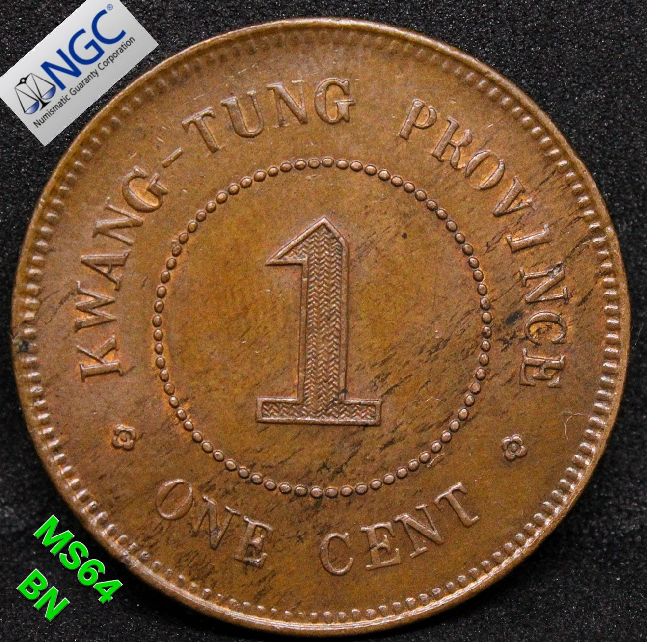 YR1(1912) CHINA CENT KWANGTUNG - BRONZE .NGC MS 64 BN, TOP POP