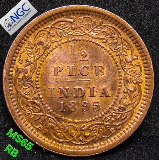 1895 (C) INDIA 1/2 PICE .NGC MS 65 RB