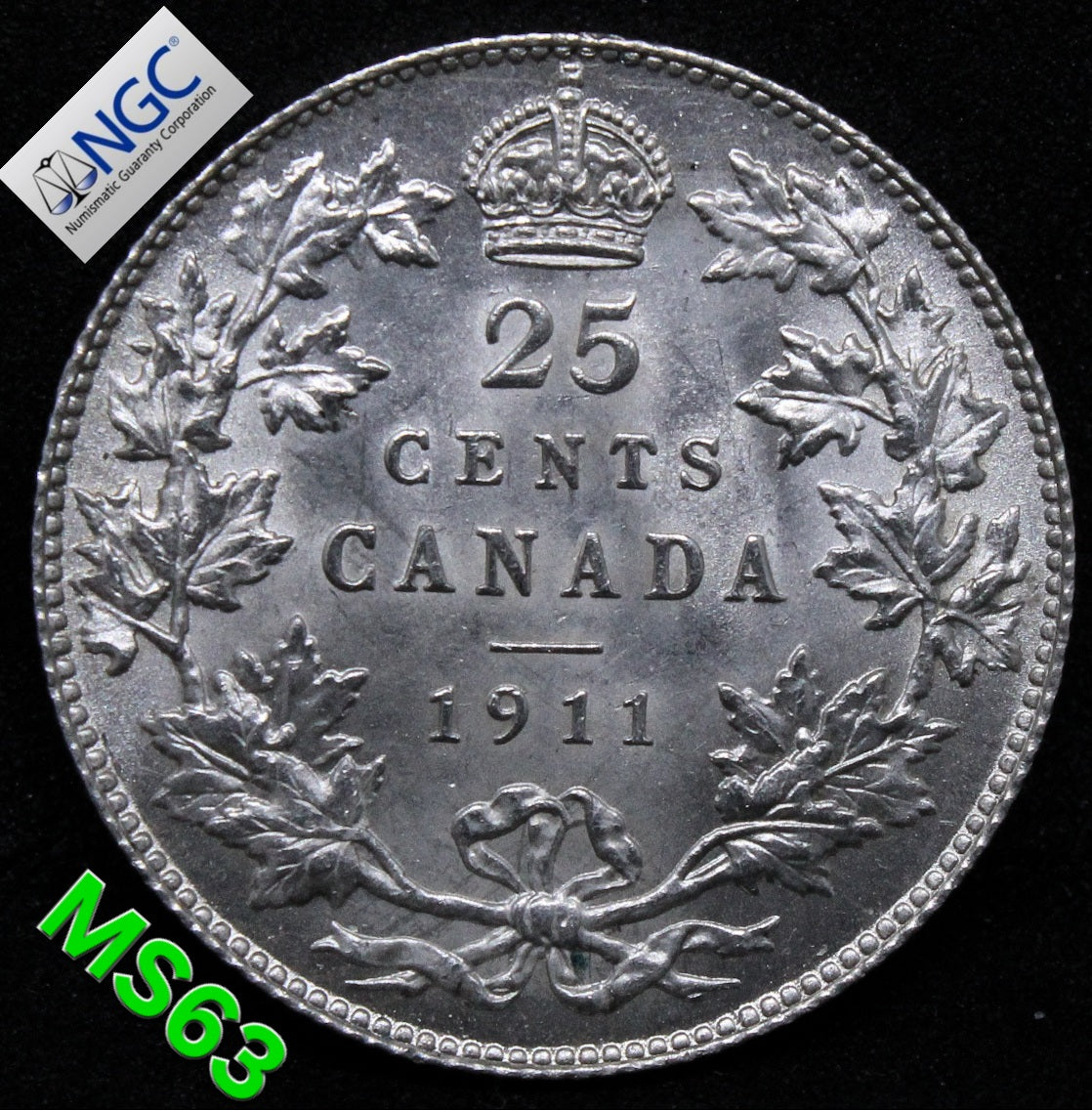 1911 CANADA 25 CENTS , George V .NGC MS 63