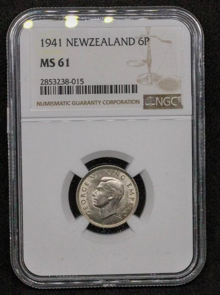 1941 6 Pence, New Zealand. George VI. UNC NGC MS61. KM-8, key date 440k mintage