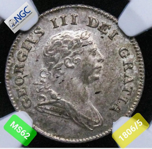 1806/5 Ireland Silver 5 pence Token. KM Tn2. Very rare overdate.R6.NGC MS62 UNC