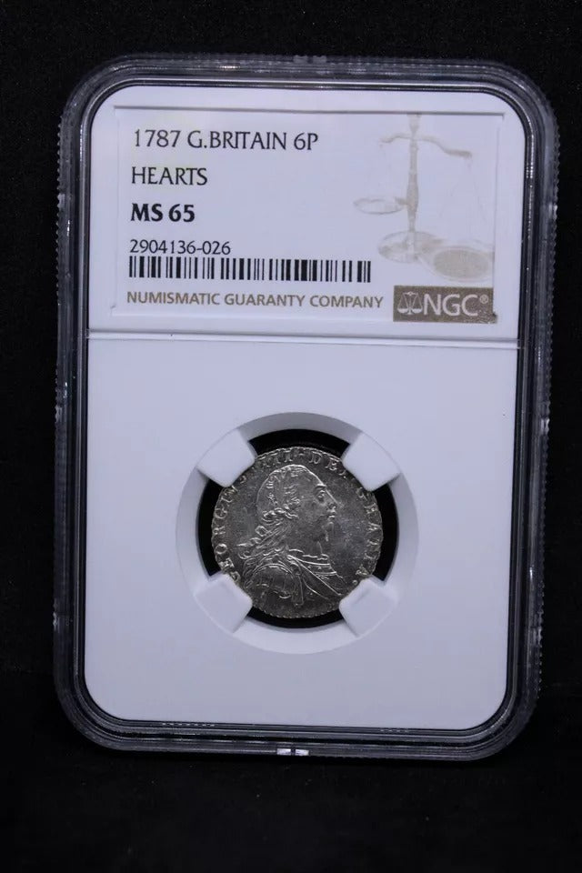 1787 six pence George III, With semée of hearts S.3749. BU NGC MS65