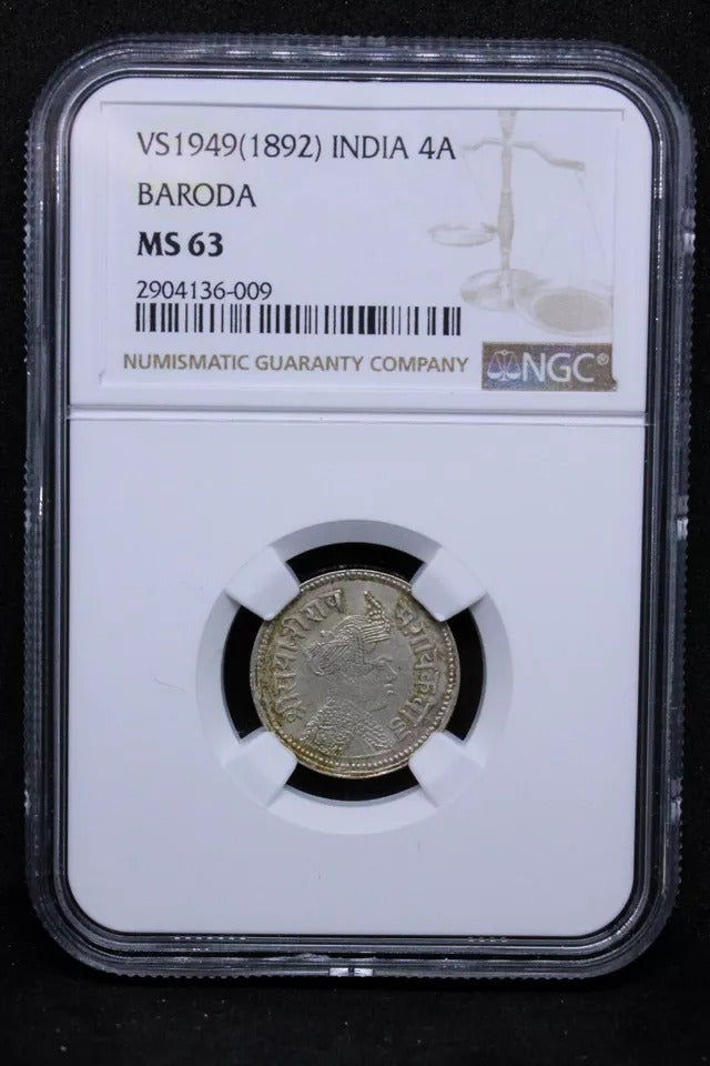 4 annas 1892 (VS1949) Baroda, India State. Sayaji Rao III. UNC NGC MS63