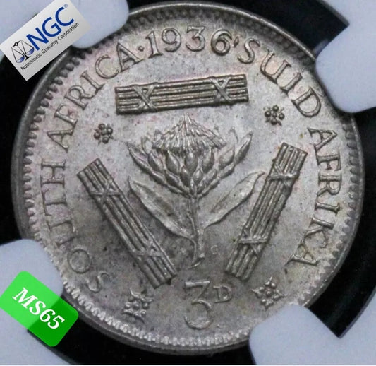 1936 3 Pence, South Africa. George V. KM-15.2 NGC MS65