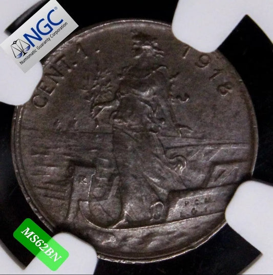 1918-R Italy 1 Centisme, Vittorio Emanuele III. UNC NGC MS62, Key Date Rare km40