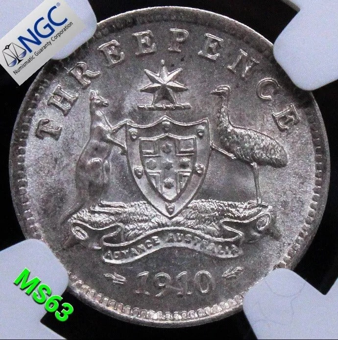 1910 3 Pence, Australia Silver Coin. King Edward Vii. BU NGC MS63 KM-18