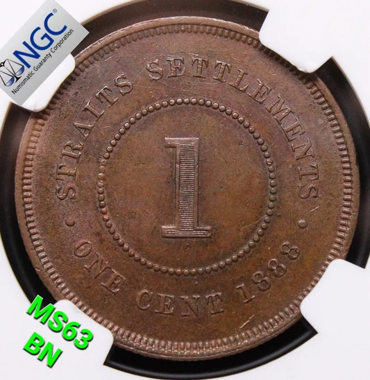 1 cent 1888 Straits settlements, Queen Victoria. KM-16 NGC MS63