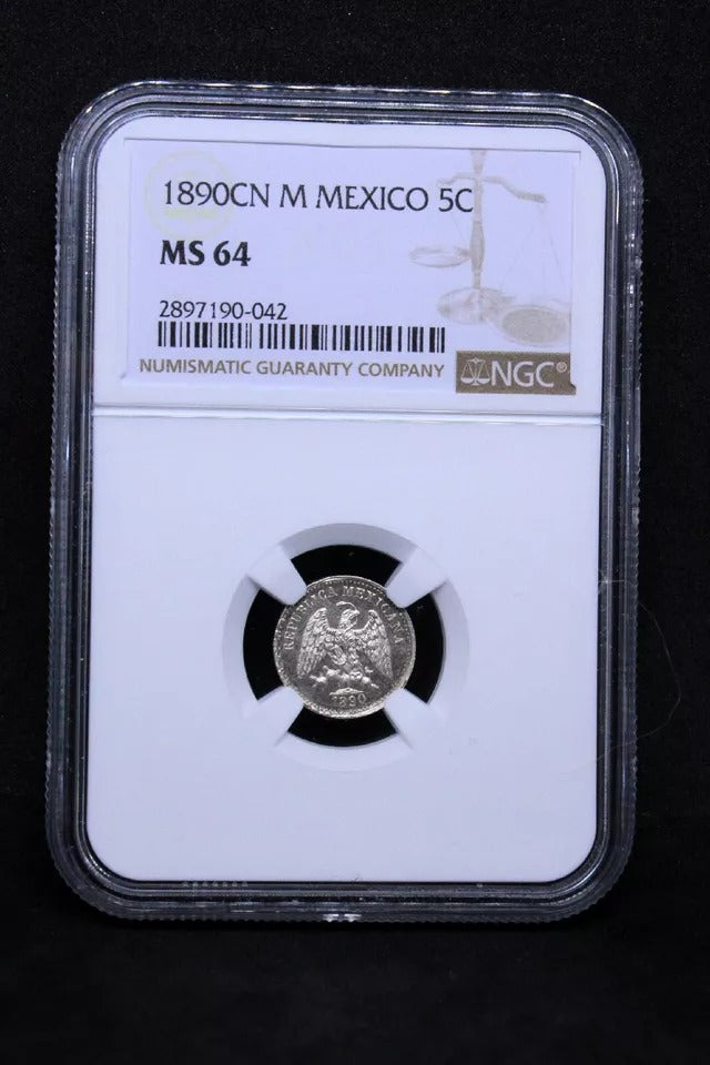 5 Centavos 1890 CN M. Mexico Silver. KM-398. UNC NGC MS64 top pop