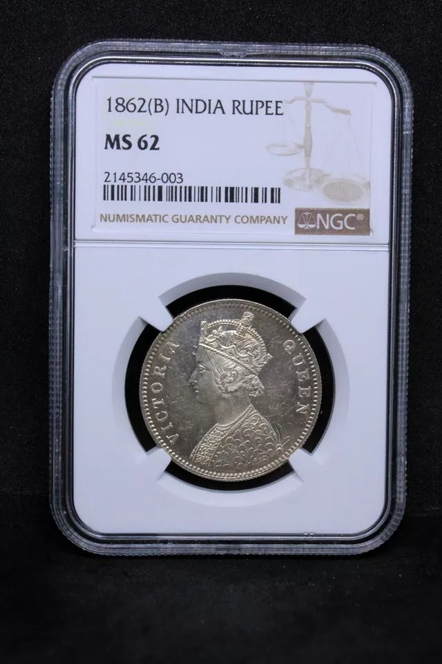 1862 India-British Rupee Victoria KM 473.1 ..... 0/4 beads. UNC NGC MS62