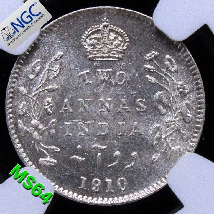 1910 India-British 2 Annas George V KM 505 UNC NGC MS64