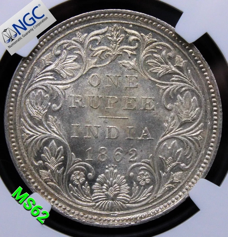 1862 India-British Rupee Victoria KM 473.1 ..... 0/4 beads. UNC NGC MS62