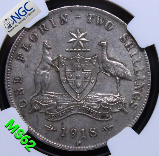 Florin-Two Shillings 1918-M, Australia. George V. KM-27 NGC MS62