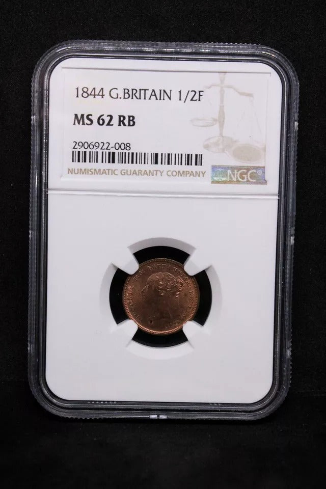 1844 1/2 farthing, Victoria young head colonial coinage UNC+lustre NGC MS62RB