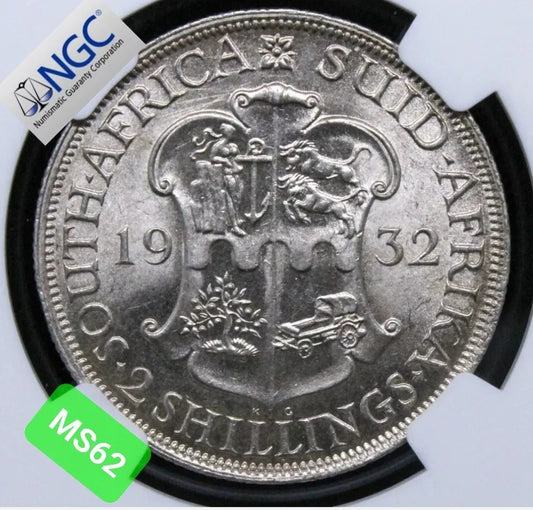 1932 2 Shillings South Africa, George V, UNC NGC MS62 Florin