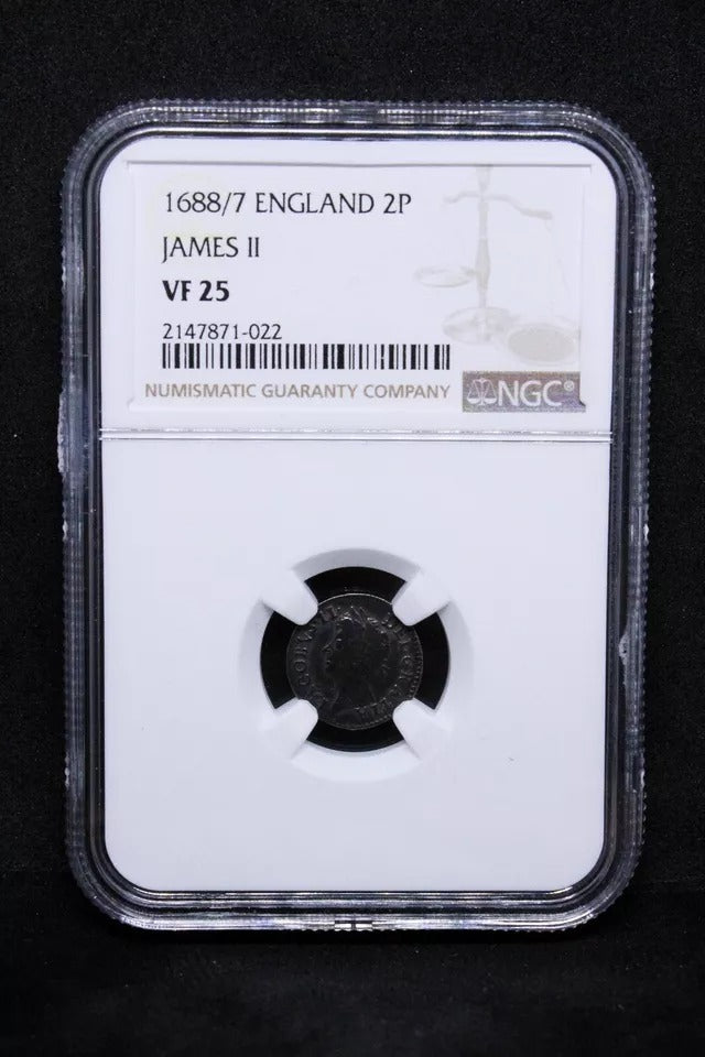 2 pence (maundy issue) 1688/7 (overdate), James II. S.3416 NGC VF25