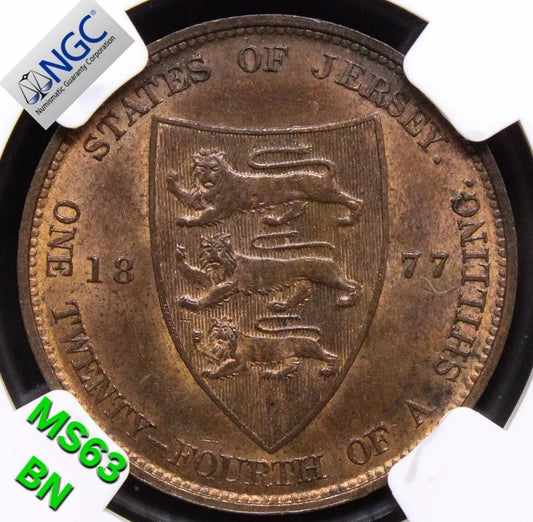 1/24 Shilling 1877, Jersey Issue. KM-7 UNC NGC MS63 BN