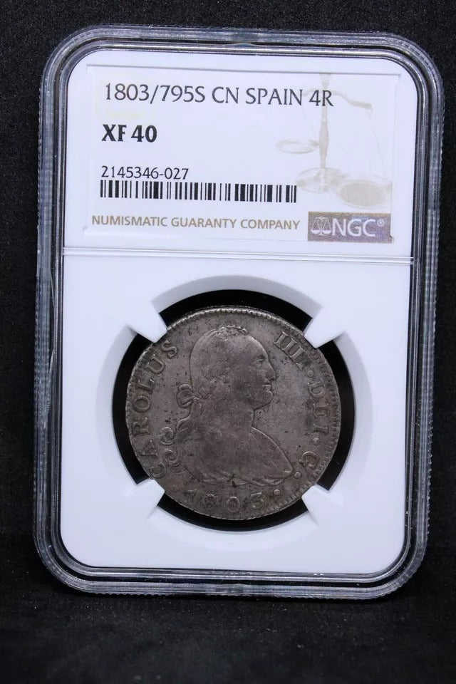 4 Reales 1803/795 S CN (overdate), Spain. KM-431.2. NGC XF40