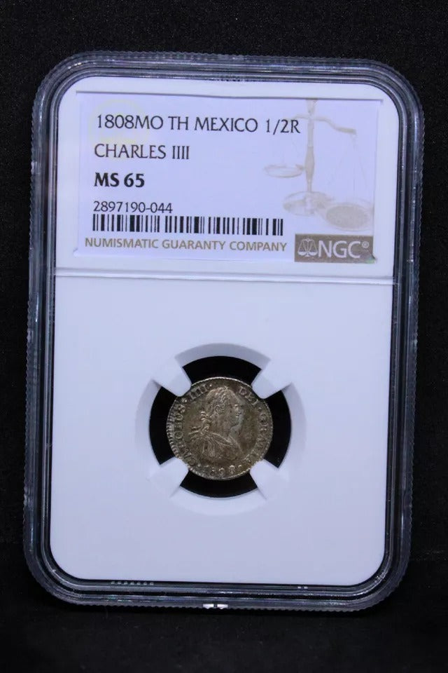 1/2 real 1808 Mo-Th. Mexico, Charles IV. KM-72. NGC MS65. Top Pop