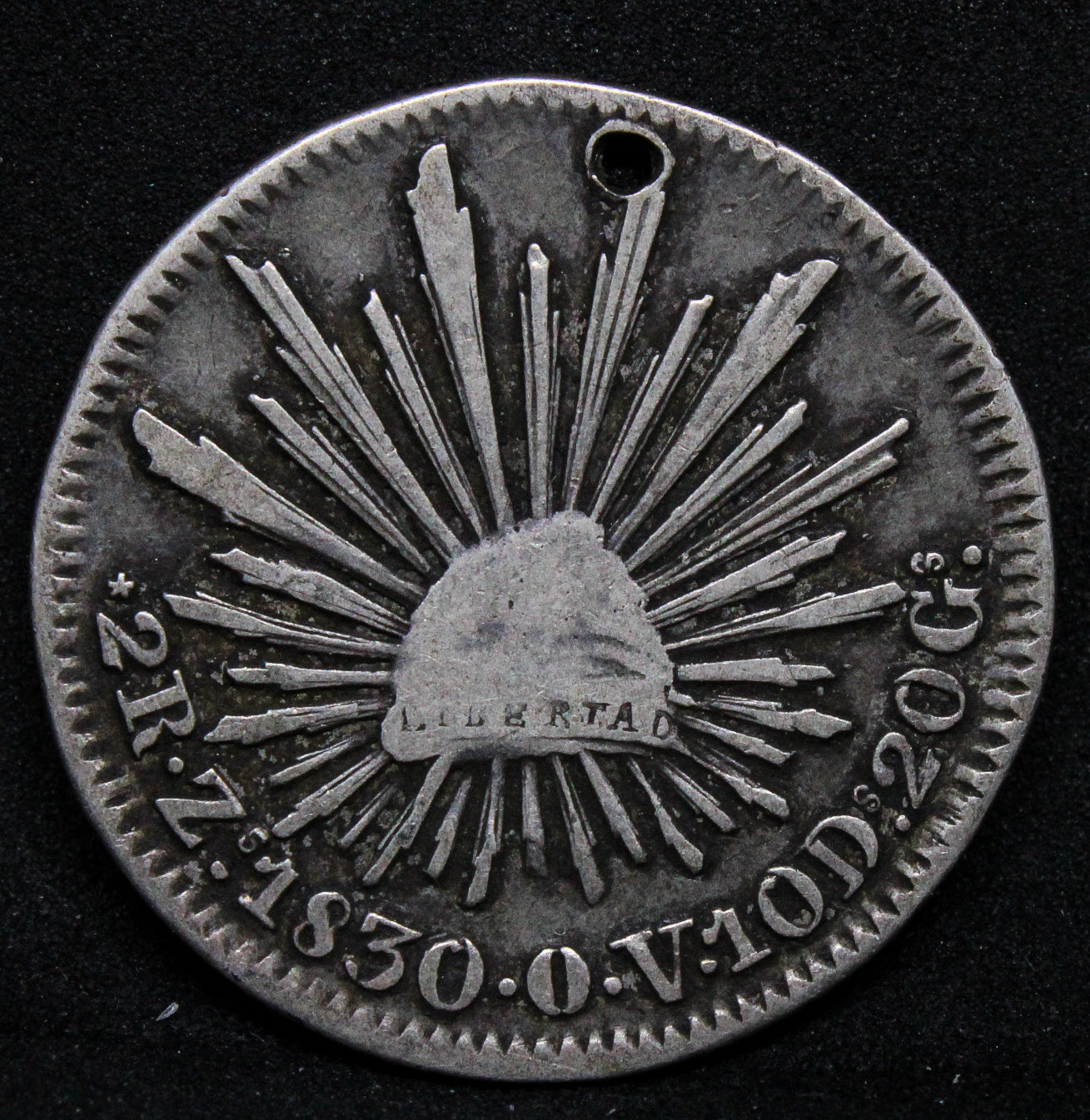 1830 2 Reales Zs-OV ( Zacatecas Mint), Mexico Silver coin. KM-374.12, Holed