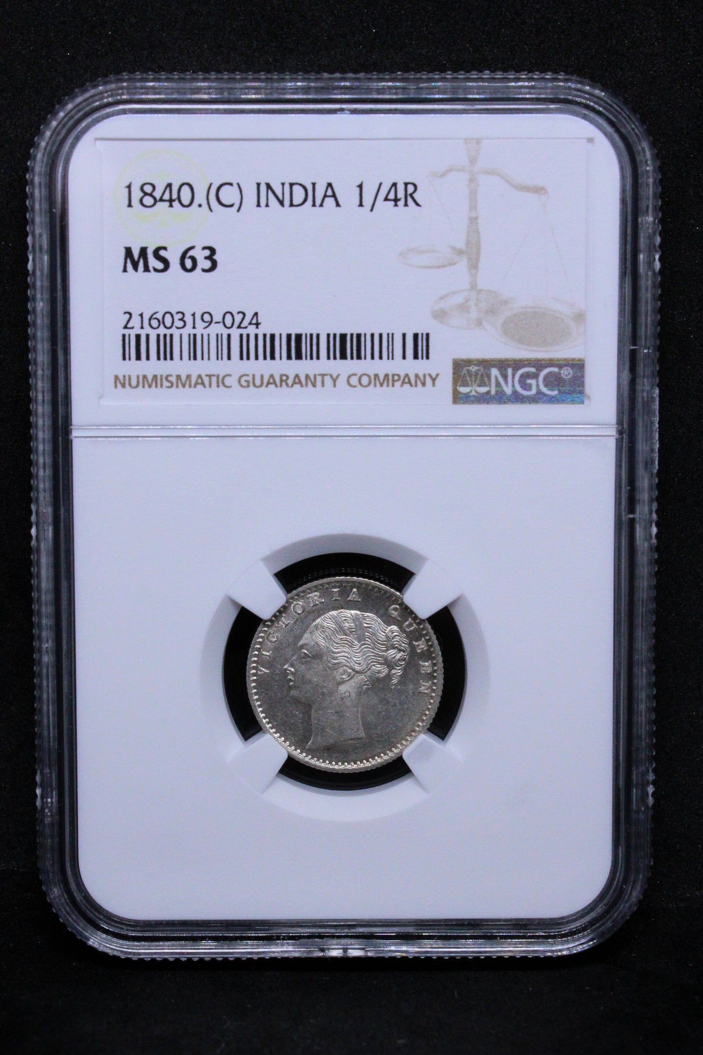 1840.(C) British- INDIA 1/4 RUPEE, Queen Victoria  .NGC MS 63