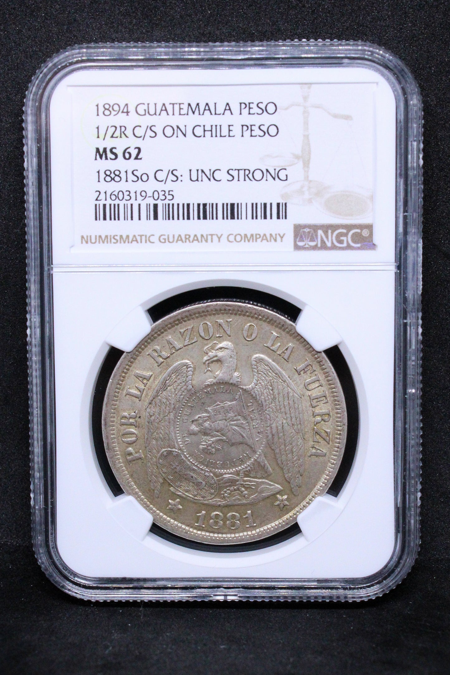 1894 GUATEMALA PESO 1/2 REAL C/S ON CHILE PESO. COUNTERMARK/COUNTERSTRIKE .NGC MS 62