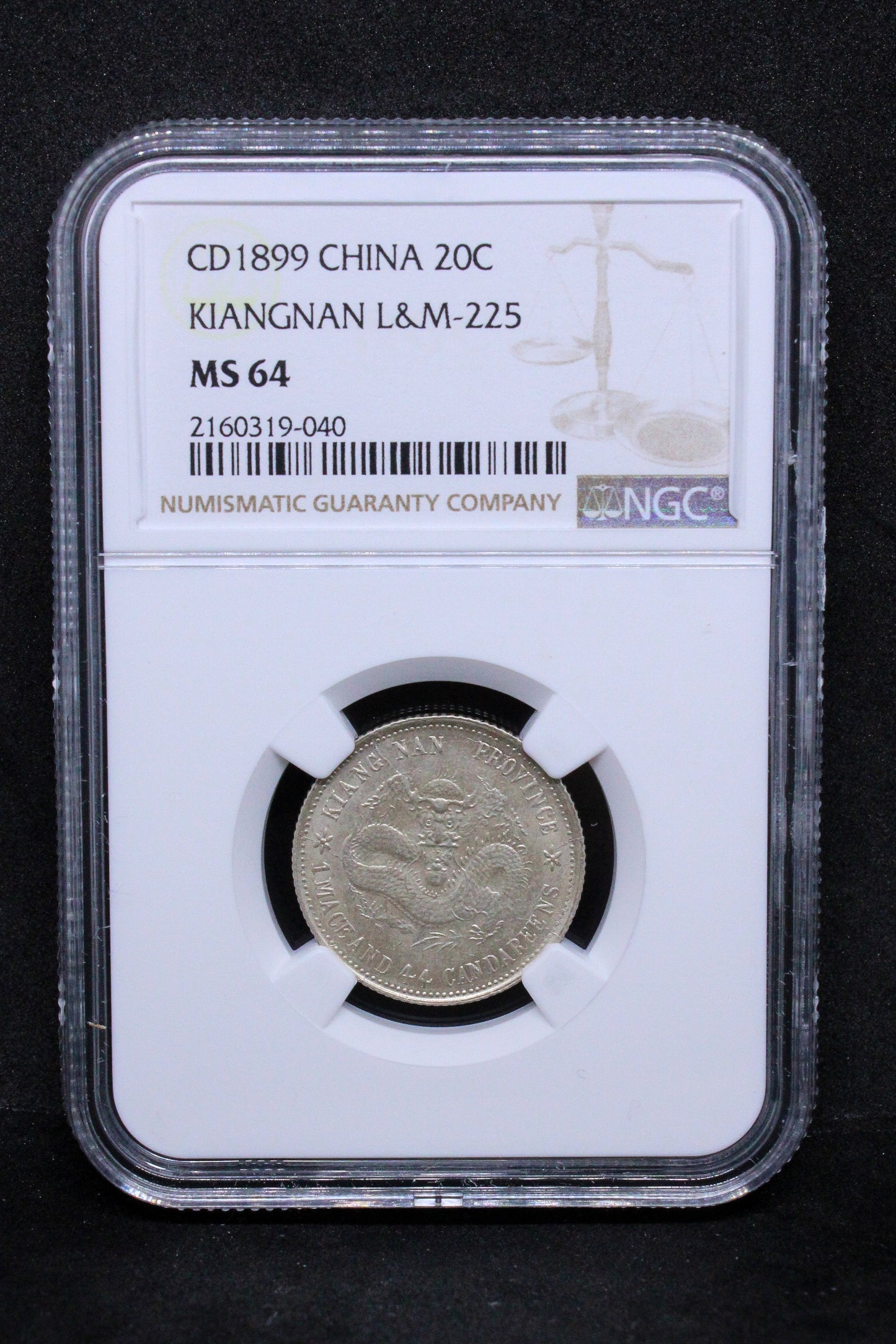 1899 CHINA 20 CENTS KIANGNAN L&M-225 .NGC MS 64 TOP POP