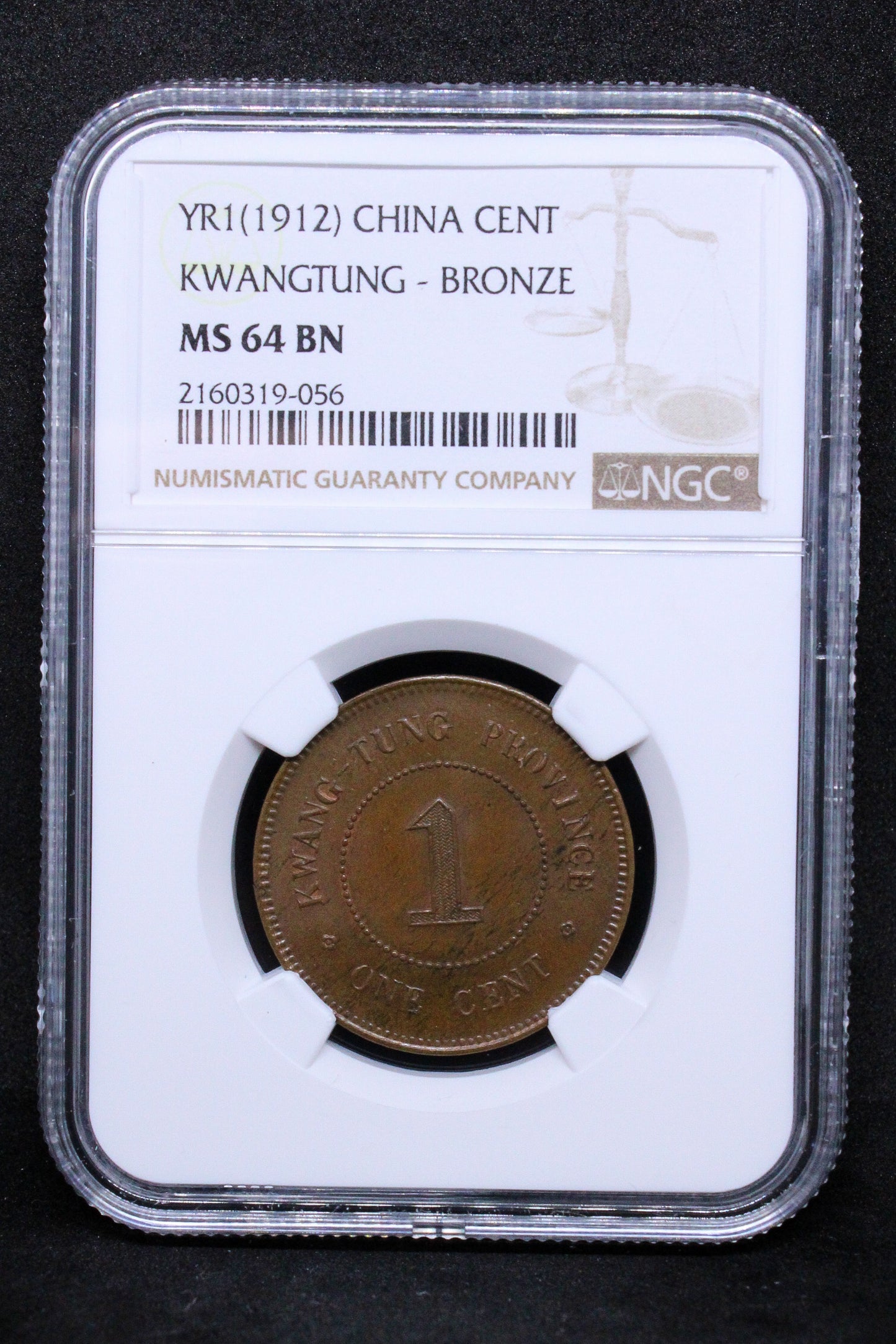 YR1(1912) CHINA CENT KWANGTUNG - BRONZE .NGC MS 64 BN, TOP POP